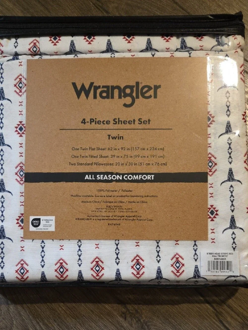 Wrangler Twin Sheet Set in White with Navy and Red Southwestern Print